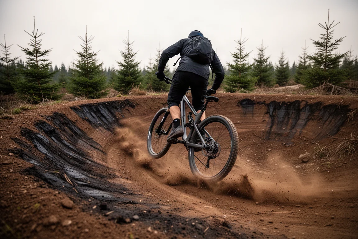 Mountainbikecyklist som lutar sig genom en doserad jordberm i ett ledcentrum
