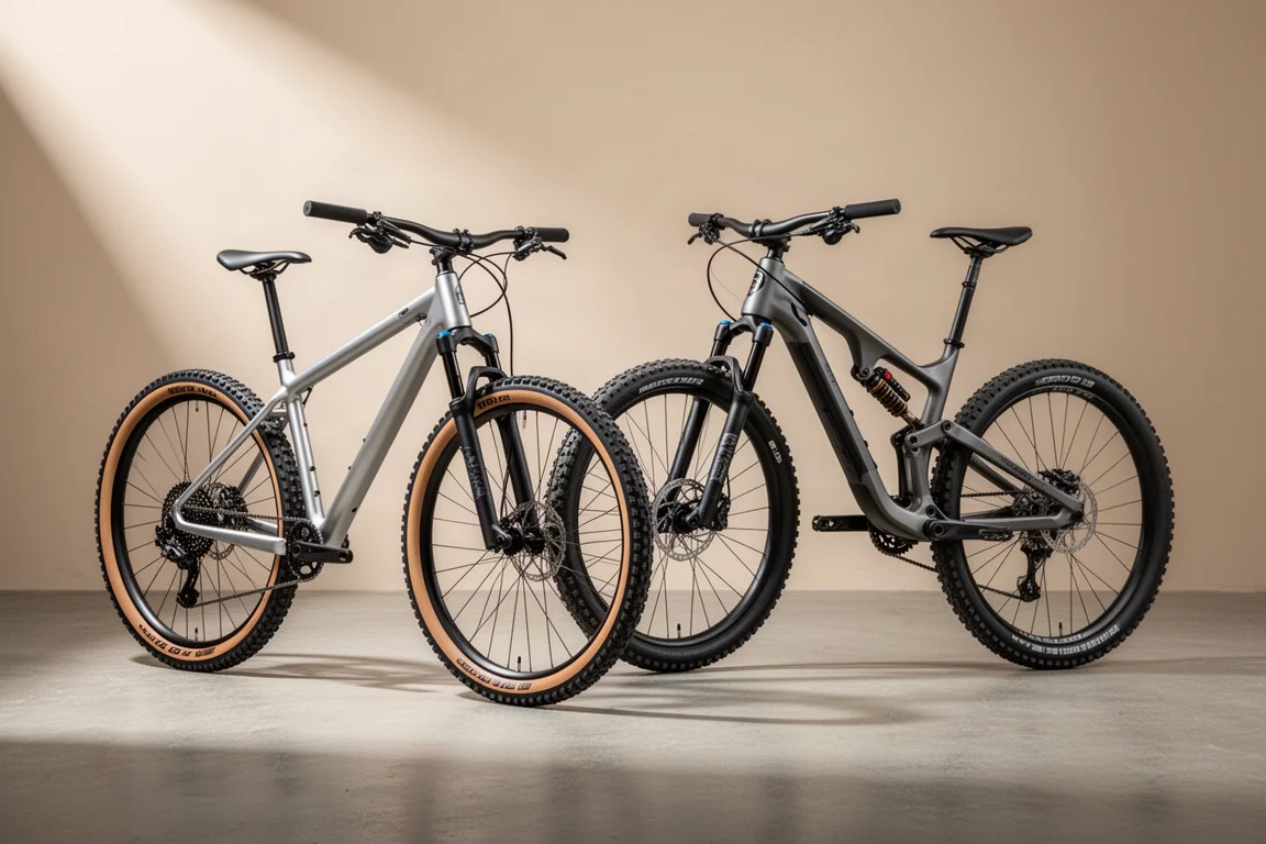 Een hardtail en een full suspension mountainbike naast elkaar op een betonnen ondergrond