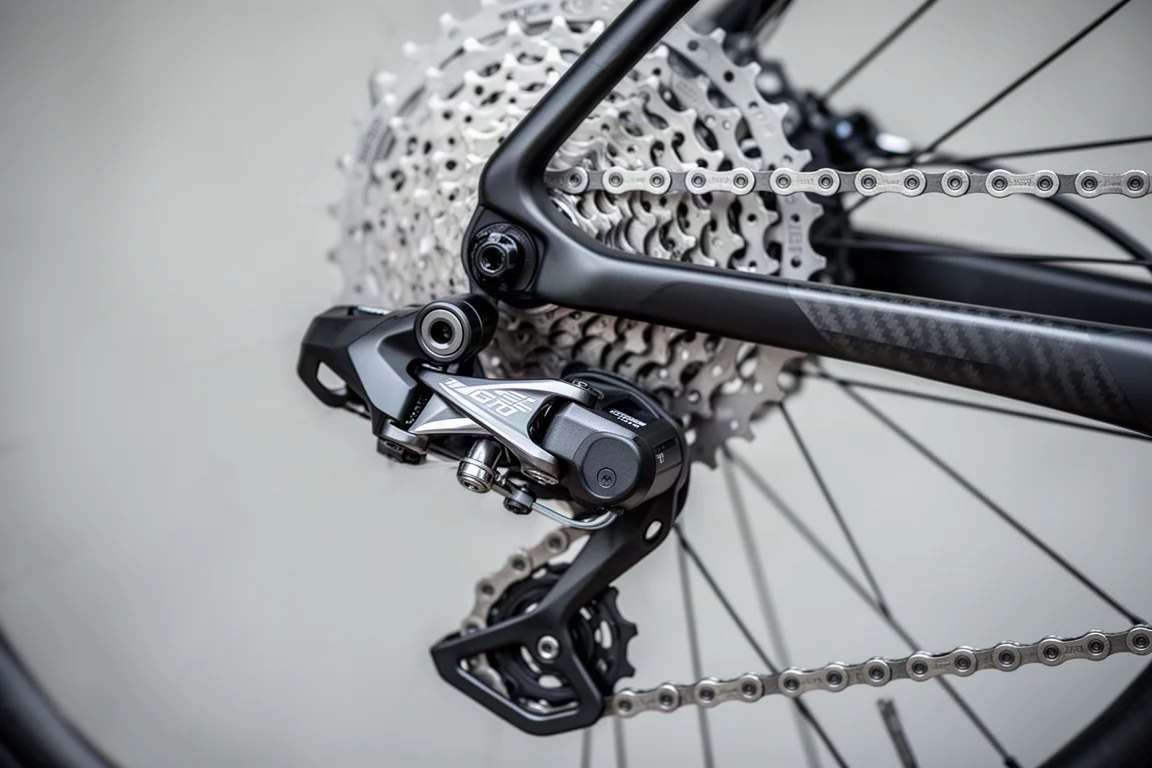 Close-up van een draadloze elektronische achterderailleur en cassette op een racefiets
