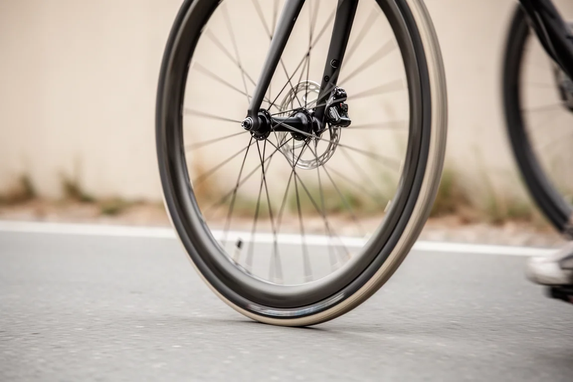 Laag standpunt van een voorwiel van een racefiets dat over glad asfalt rolt