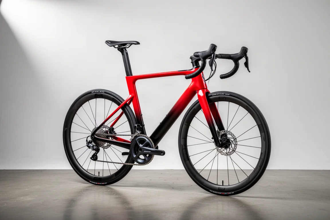 Carbon racefiets in rood-naar-zwart verloop, in profiel gefotografeerd op een betonnen vloer