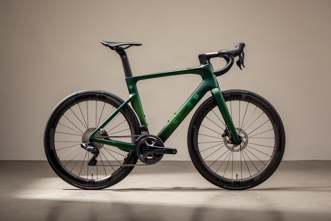 Green carbon road bike with deep-section carbon wheels on a concrete studio floor