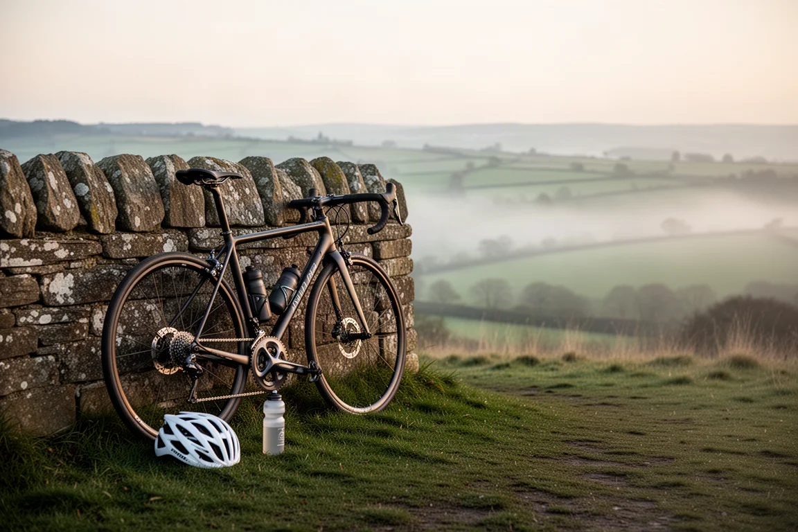 Rennrad lehnt an einer Steinmauer, daneben Helm und Trinkflasche auf dem Gras