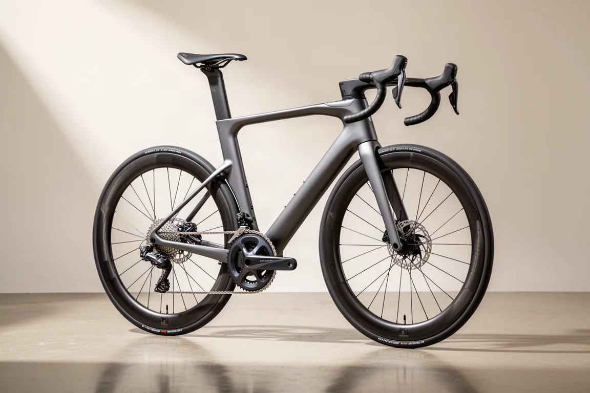 Antracitgrå kolfiberracer med integrerat cockpit på polerad betong i en ljus studio