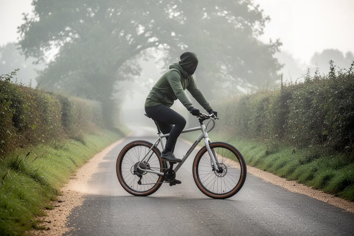 Flat-bar gravel bike ridden along a quiet country lane in soft morning light