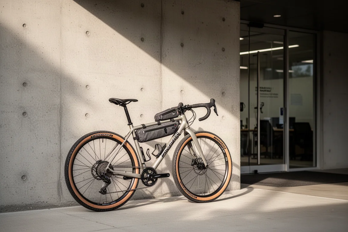 Commuter bike with flat handlebar parked outside an office building in daylight