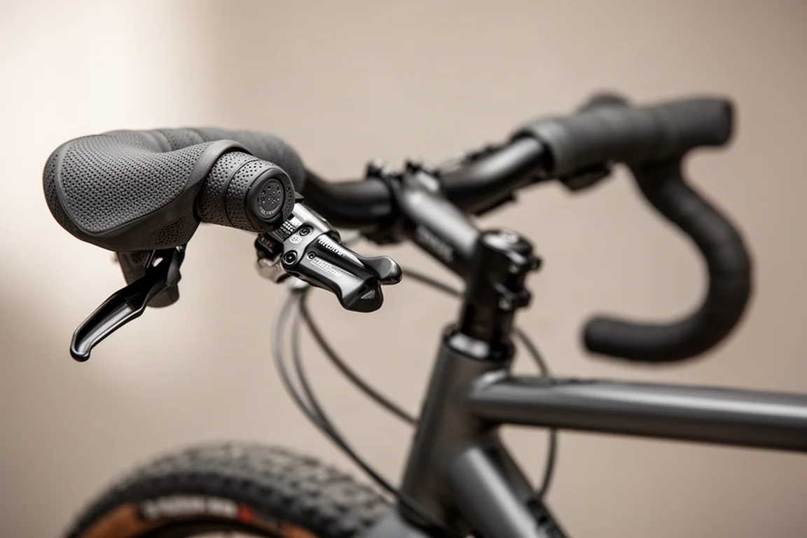 Close-up of a wide swept-back handlebar, ergonomic grips and hydraulic brake lever