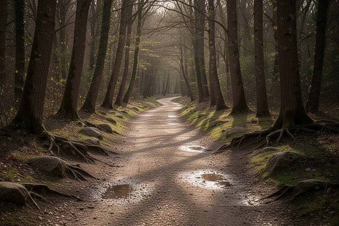 Hard-packed gravel track winding through woodland in late afternoon light