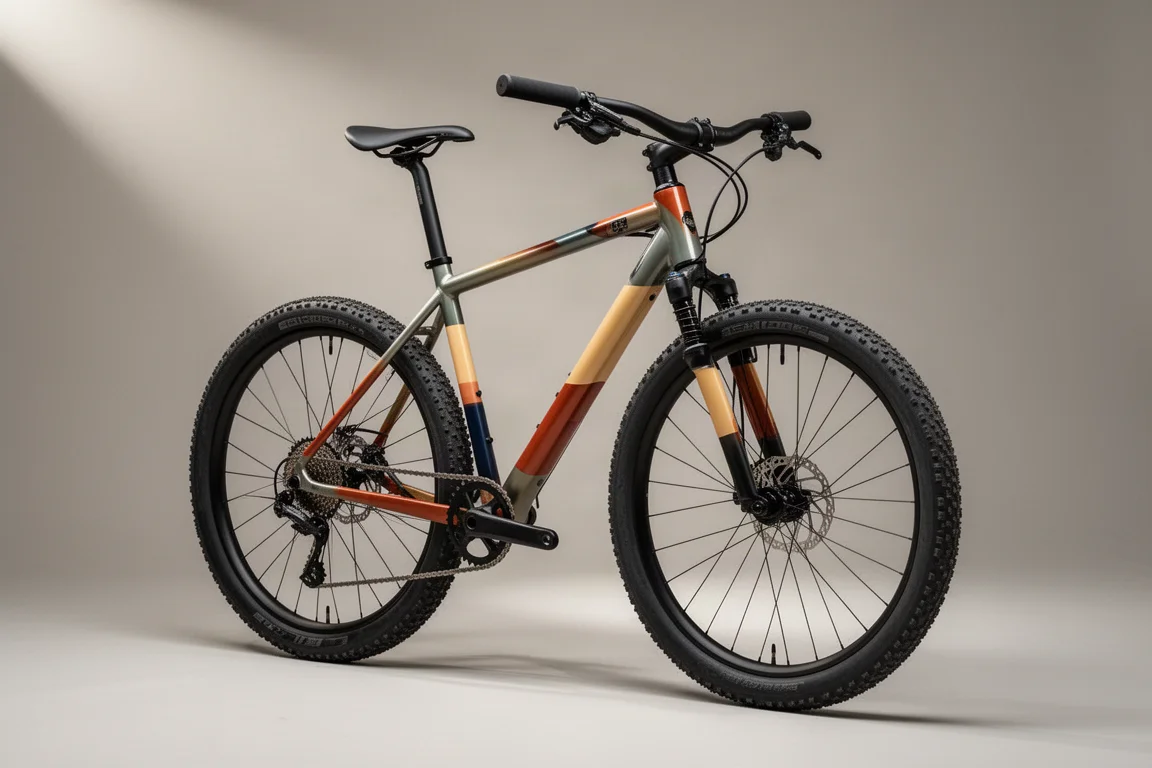 Flat-bar aluminium gravel bike with retro paint and suspension fork on a grey backdrop