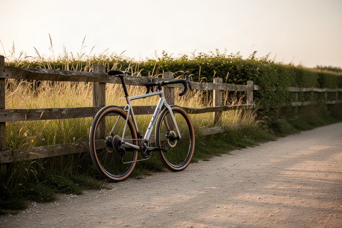 Flat-bar gravel bike parked on a smooth gravel path in soft late-afternoon light