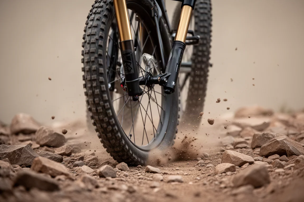 Close-up of a short-travel suspension fork and front tyre rolling over rocky gravel