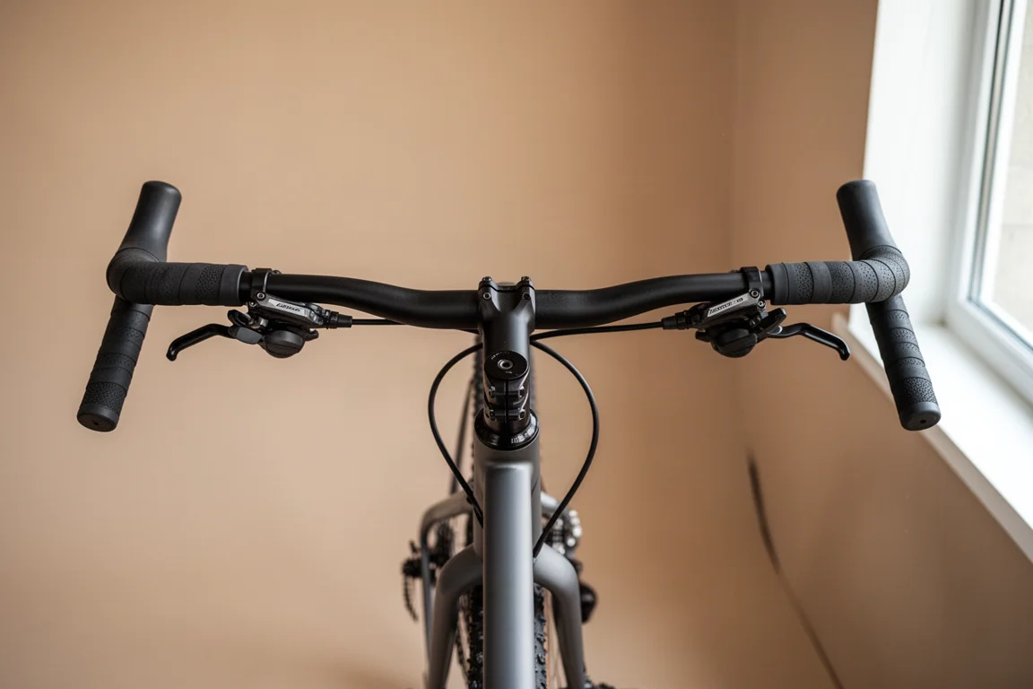 Detail of a wide swept-back flat handlebar with ergonomic grips and hydraulic brake levers