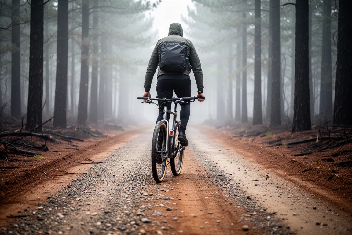 Rider on a flat-bar gravel bike on a forest fire road with mixed gravel and mud