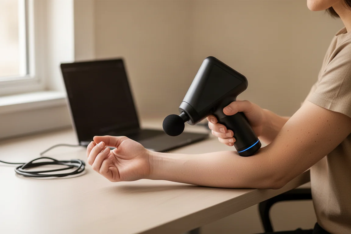 Person benutzt eine kompakte Massagegun am Unterarm, während sie am Schreibtisch sitzt