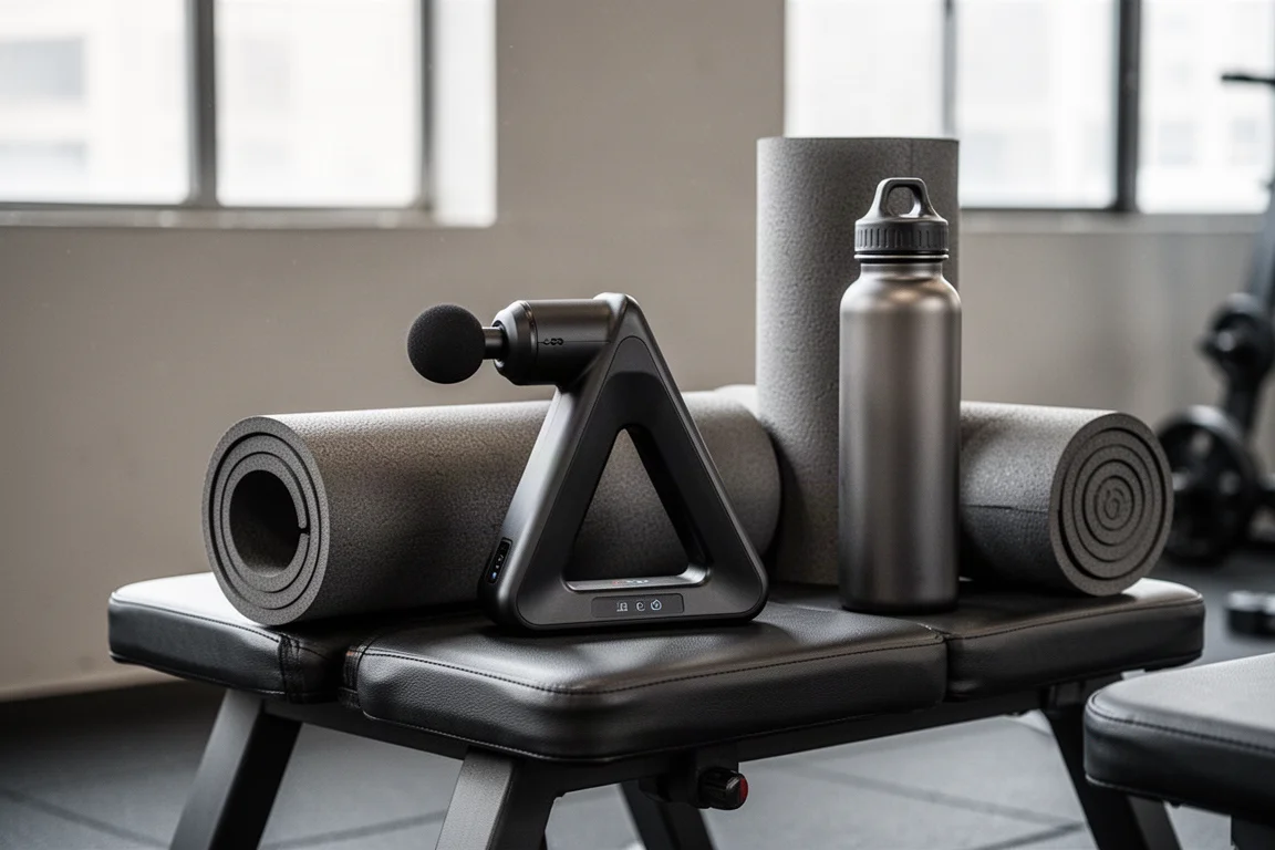 Massagegun auf einer Trainingsbank neben einer Faszienrolle und einer Wasserflasche