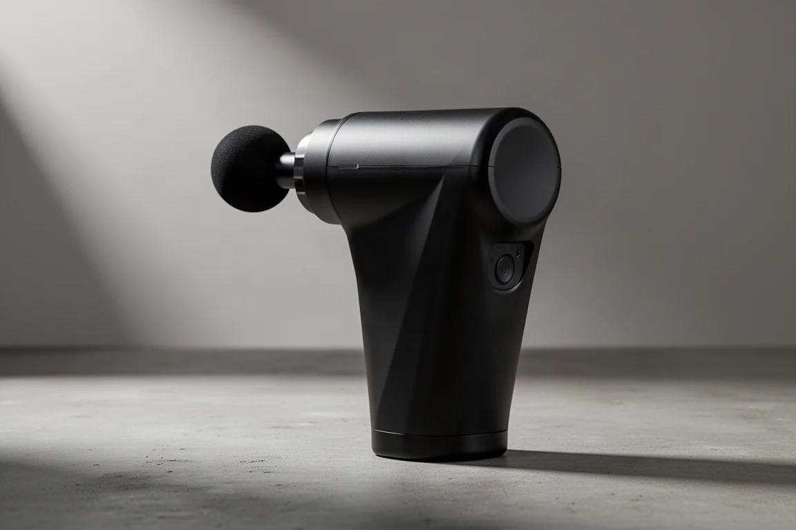Compact triangular black massage gun standing on a matte concrete surface