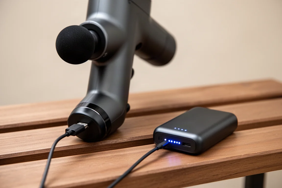 Massagegun die oplaadt via een USB-C kabel verbonden met een kleine powerbank