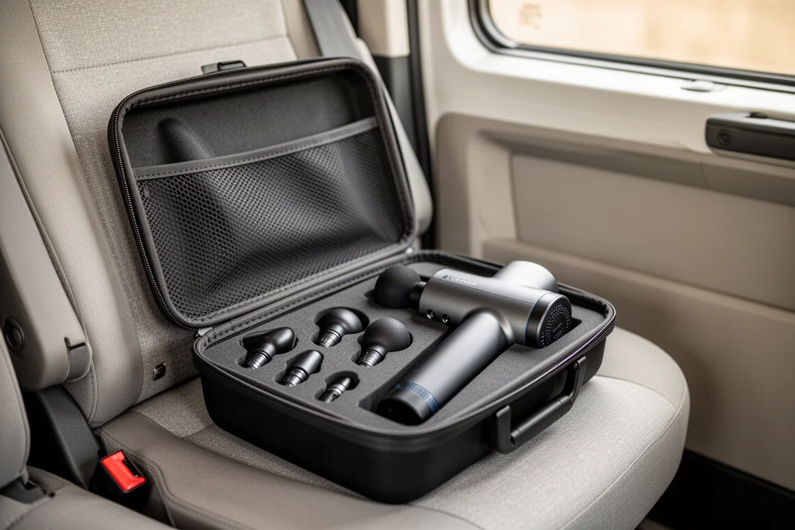 Compacte massagegun verpakt in zijn tas met rits, klaar om mee te reizen