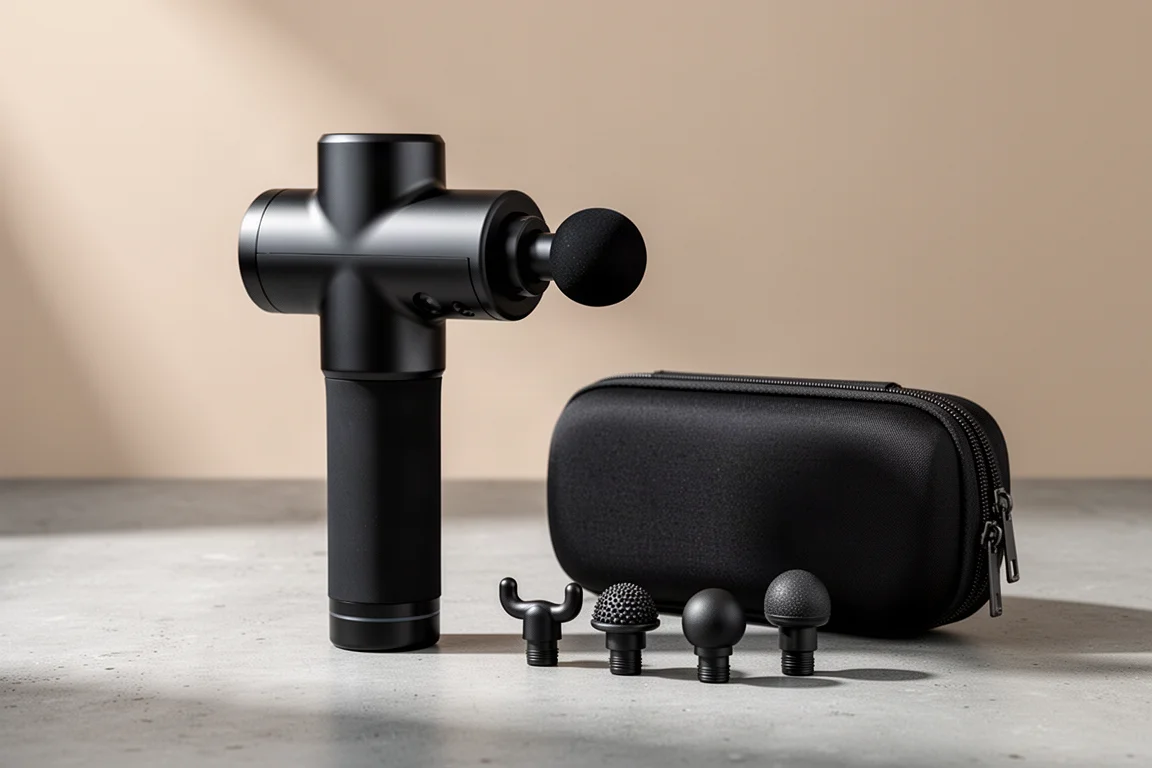 Compact massage gun with carry case and five attachment heads on concrete surface