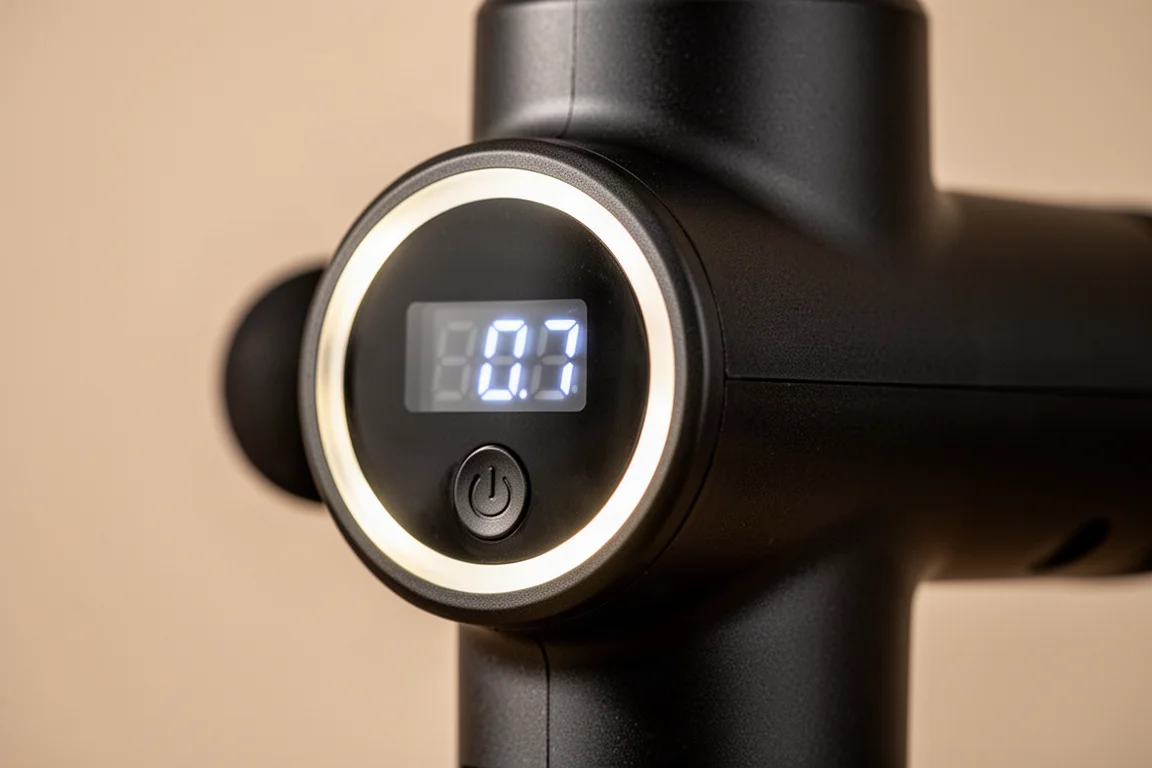 Rückseitiges LED-Display und kreisförmiger Kraftmesser leuchten auf der Rückseite einer Massage Gun