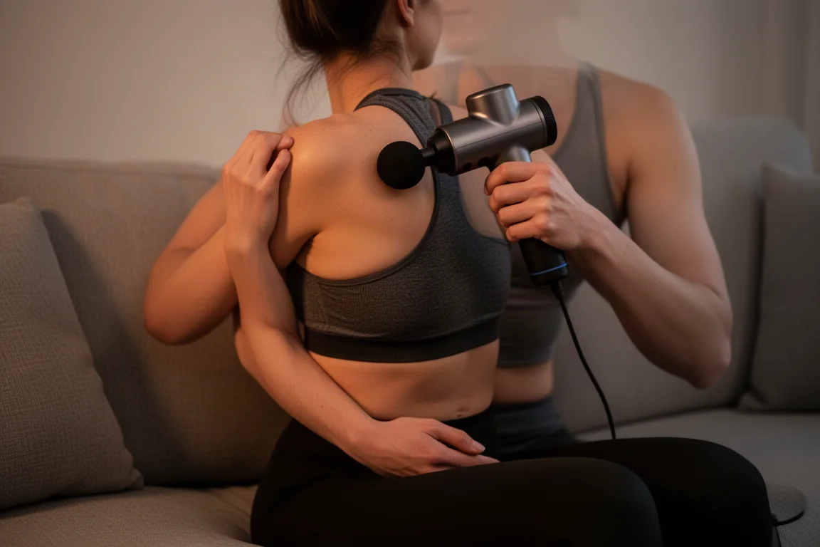 Läufer sitzt auf einem Sofa und massiert eine verspannte Schulter mit einem Wärmetherapie-Massageaufsatz