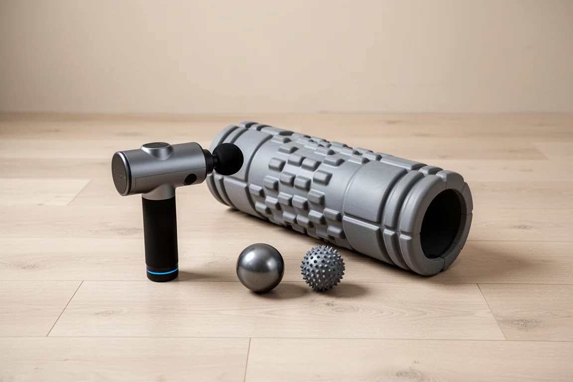 Massage Gun neben einer Foam Roller und einem Massageball auf einem Holzboden