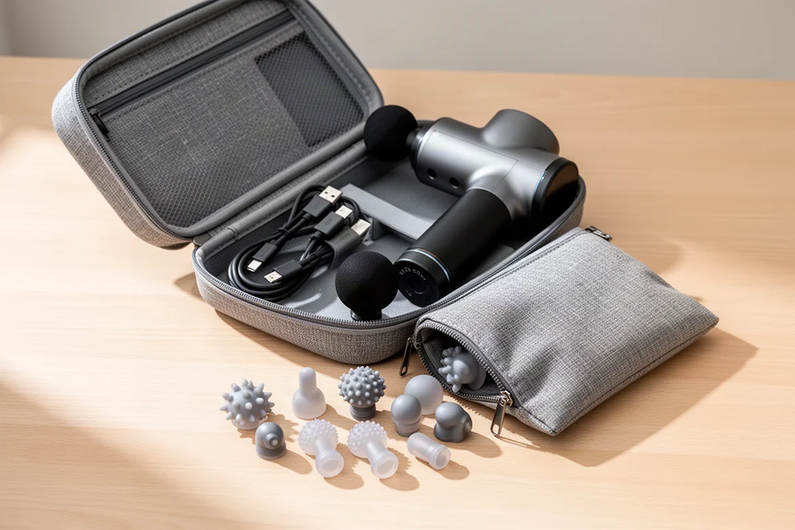 Massage gun w otwartym szarym etui transportowym z siedmioma końcówkami rozłożonymi obok siebie