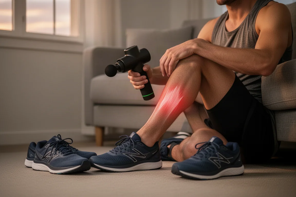 Biegacz używający massage gun na mięśniach łydek po treningu