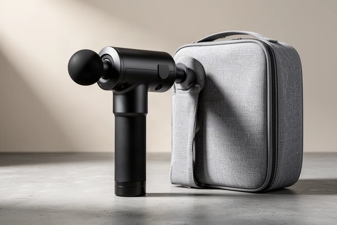 Bob and Brad D6 Pro massage gun beside its open grey carry case on concrete