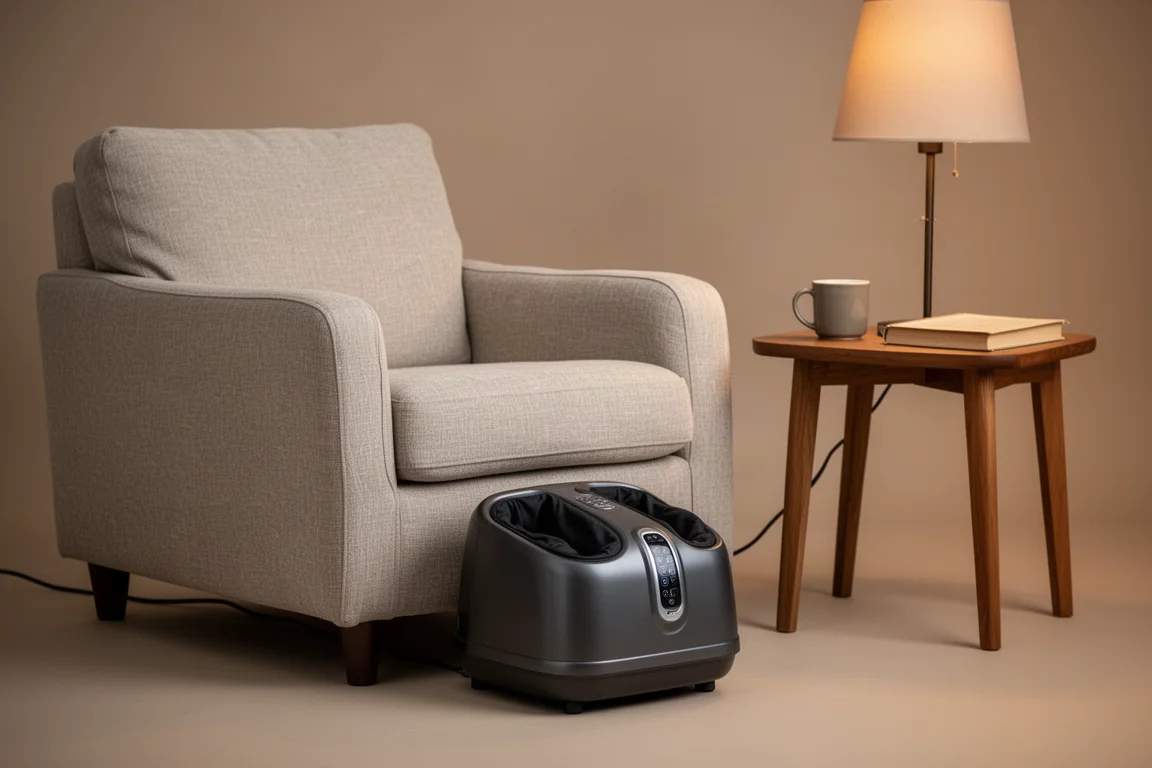 Masajeador de pies en un salón relajado junto a una silla y una mesa auxiliar