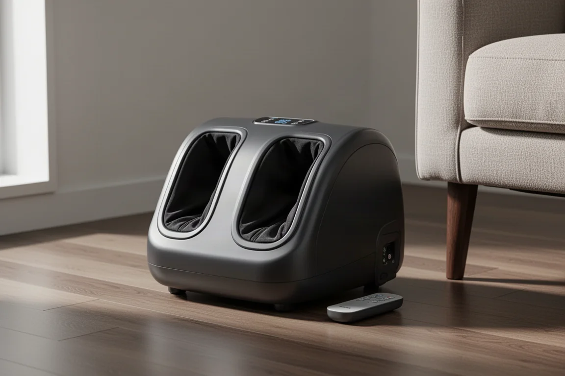 Massageador de pés compacto com controle remoto ao lado de uma poltrona
