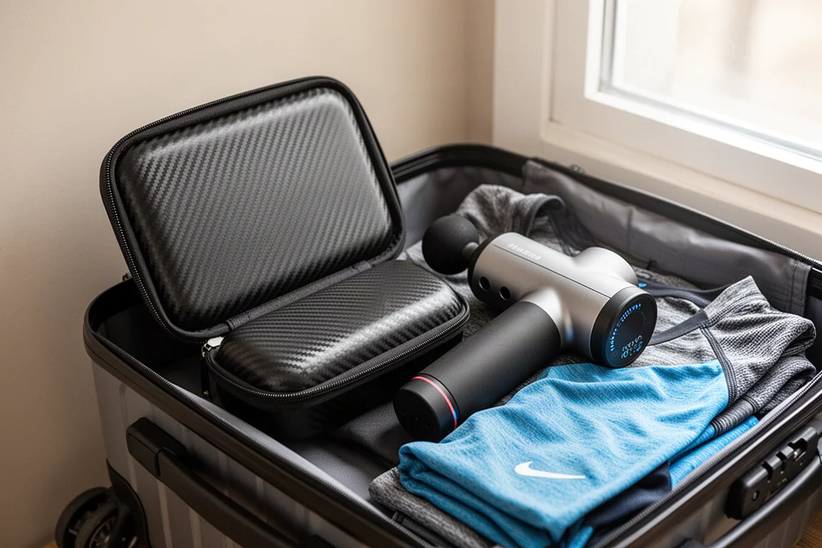 Massageador e case de transporte guardados na borda de uma mala de viagem
