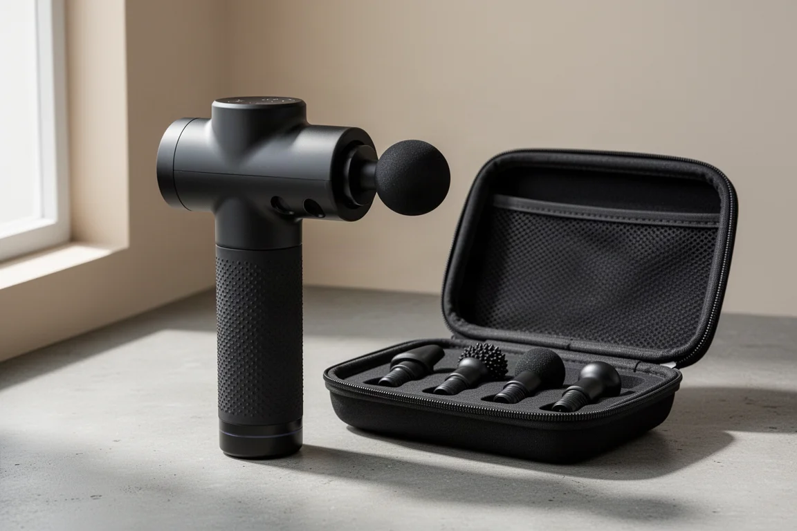 Bob and Brad T2 massage gun beside its open carry case with massage heads