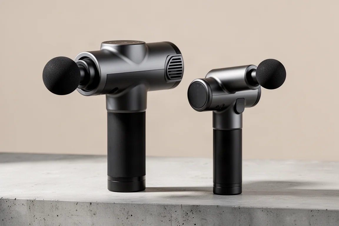 Two Bob and Brad massage guns side by side on a concrete surface