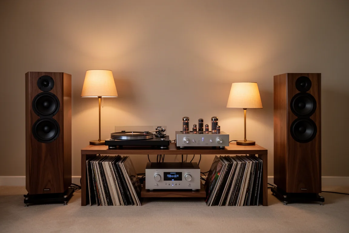 Salle d'écoute chaleureusement éclairée avec une platine vinyle, un amplificateur à tubes et des enceintes colonnes le soir