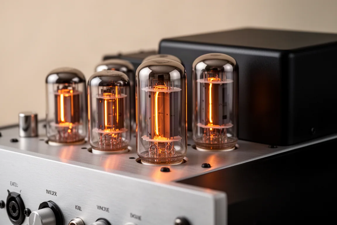 Vue macro de tubes à vide KT120 incandescents à l'intérieur d'un châssis d'amplificateur