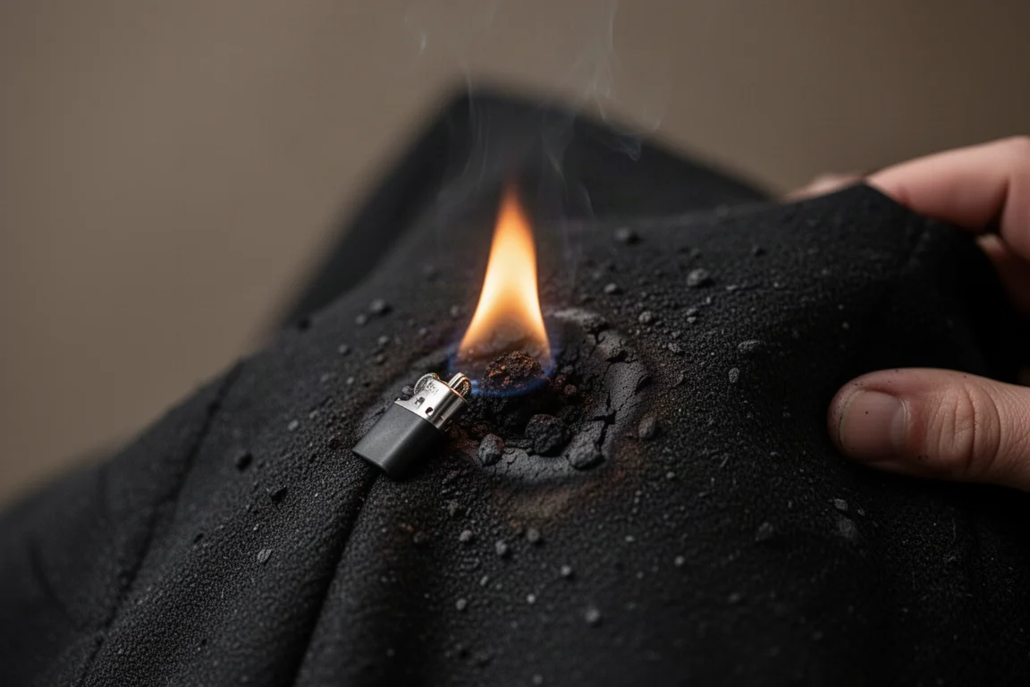 Liten låga hålls mot slitstarkt mörkt tyg utan att antändas