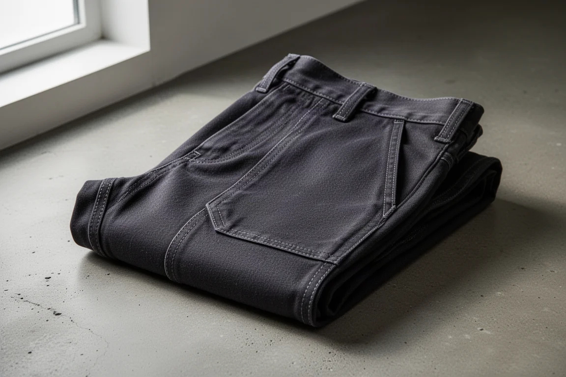 Folded dark charcoal flame-resistant work pants on a concrete surface