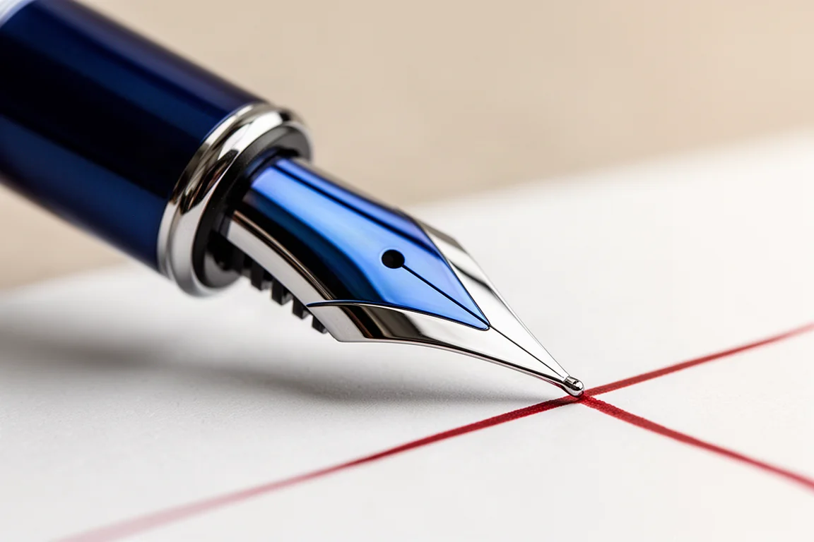 Close-up van een fountain pen nib met blauwe spiegelachtige finish die studiolumen vangt
