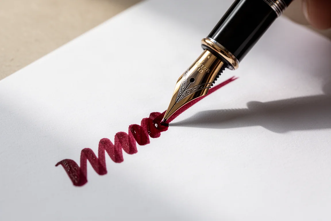 Fountain pen nib die een brede, natte lijn trekt over wit papier