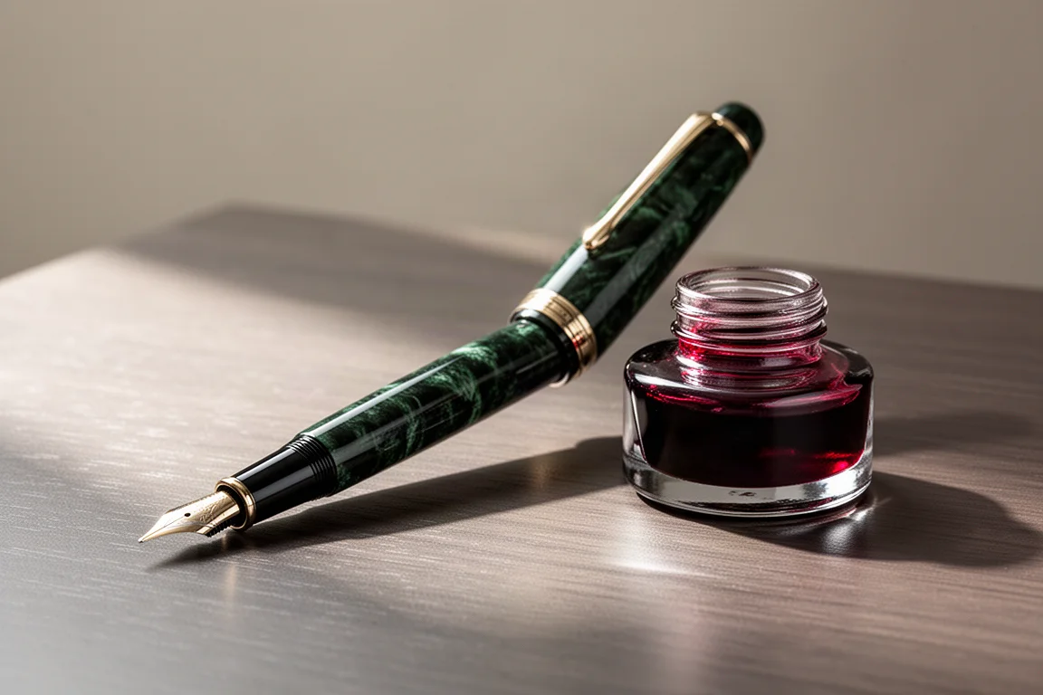 Fountain pen op een houten bureau naast een fles rode inkt