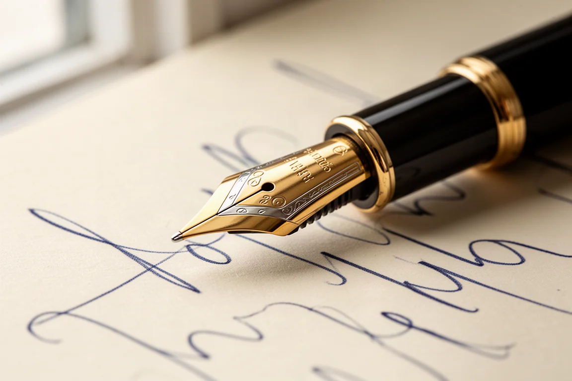 Oversized gold fountain pen nib resting on a sheet of written paper