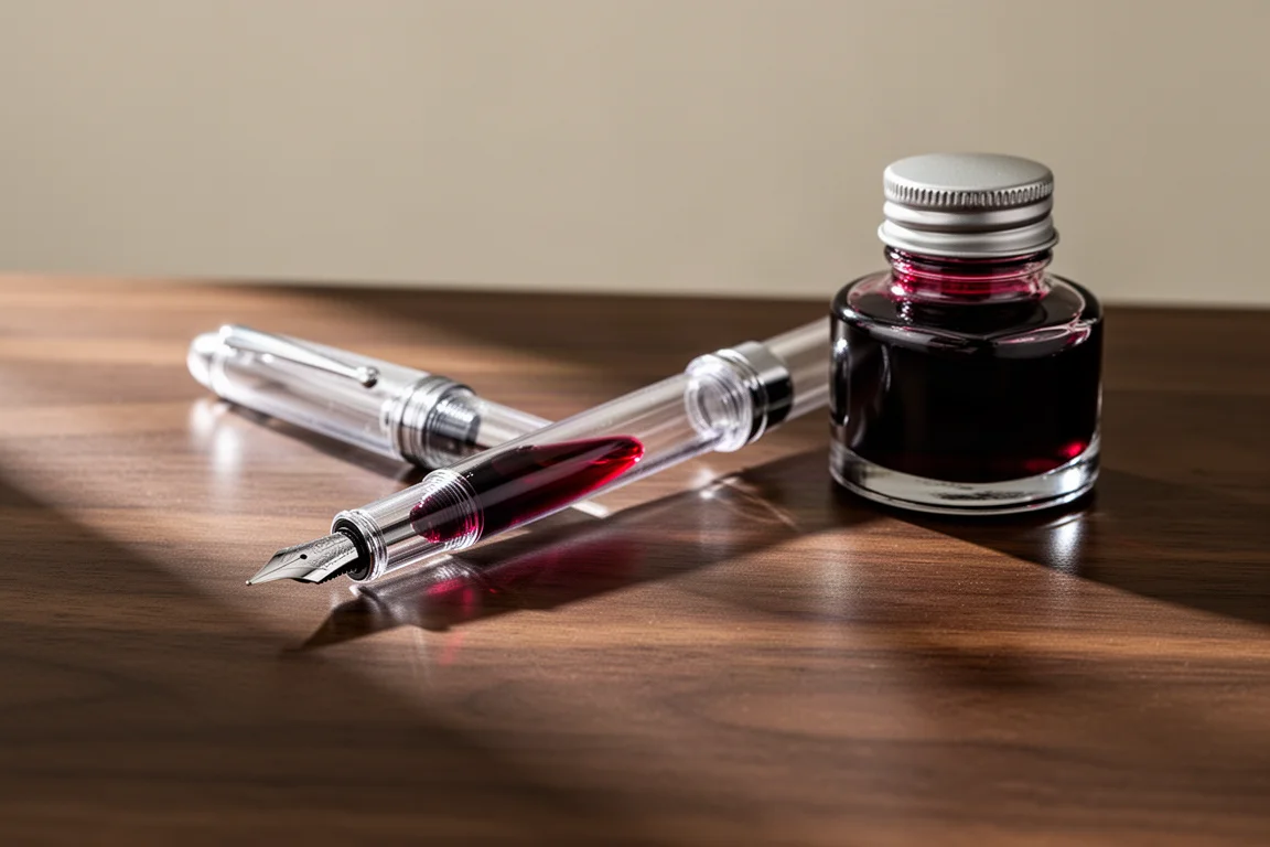Demonstrator fountain pen filled with deep red ink on a dark desk