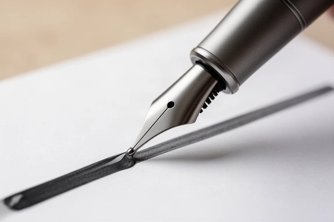 Titanium fountain pen nib close-up with wet ink line on paper