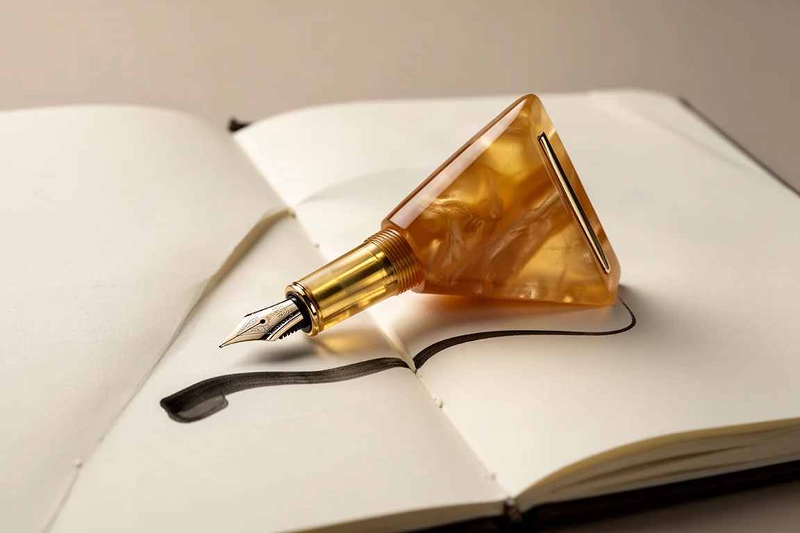 Triangular golden fountain pen resting in a writing notebook