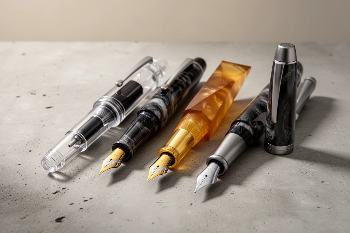 Four oversized fountain pens with large gold and titanium nibs on a concrete surface