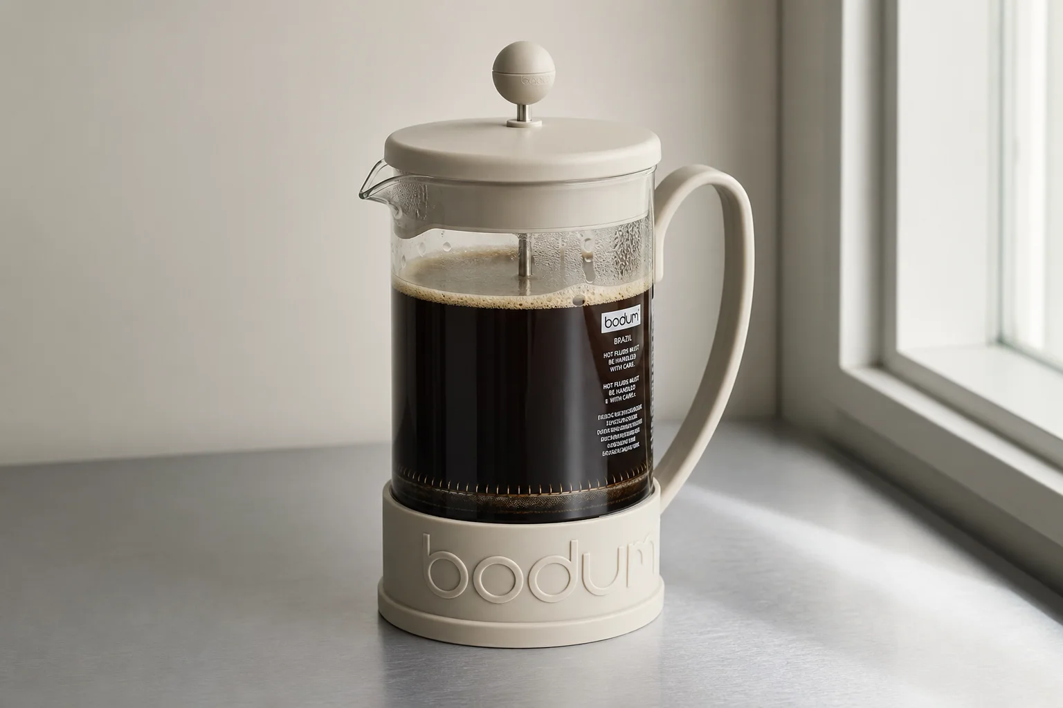 Five French press coffee makers arranged on concrete surface showing different sizes and styles