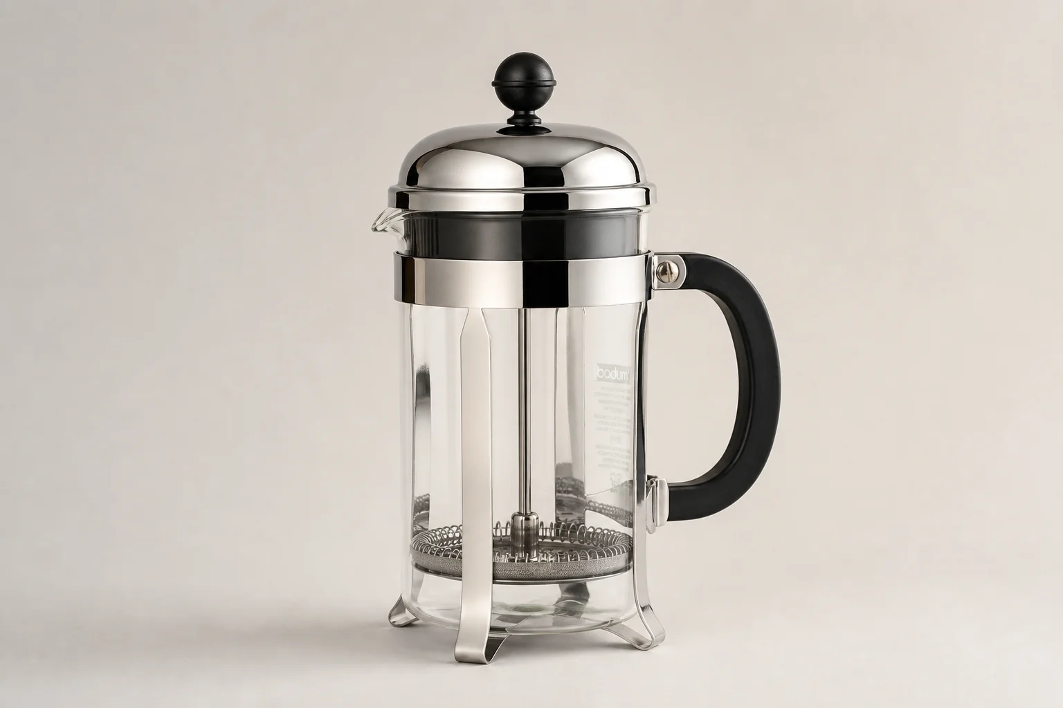 Five French press coffee makers arranged on concrete: Bodum Chambord, AeroPress Original, Mueller, Cafe Du Chateau, and AeroPress Clear