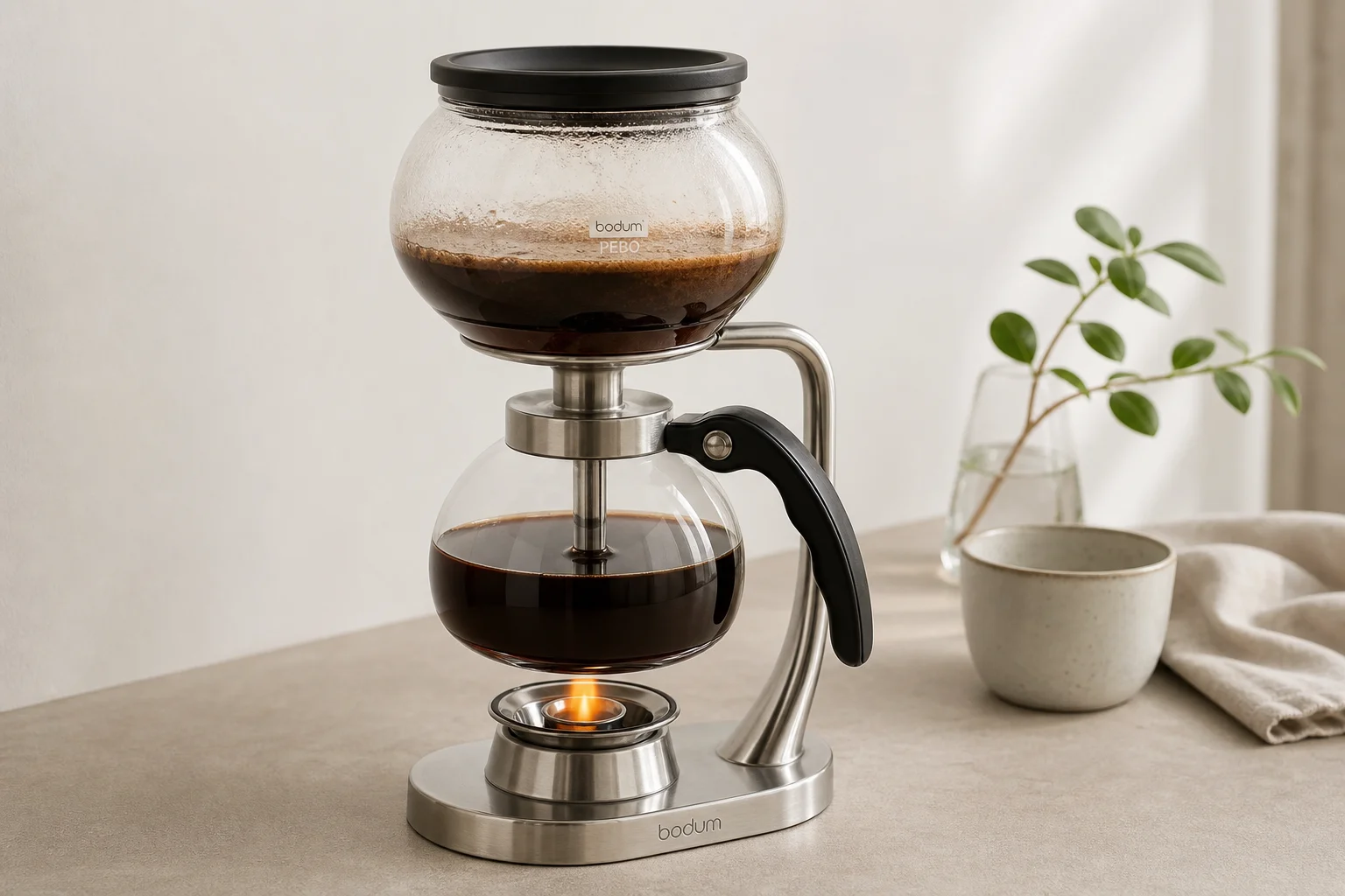 Five vacuum coffee makers displayed on neutral backdrop showing different styles and designs