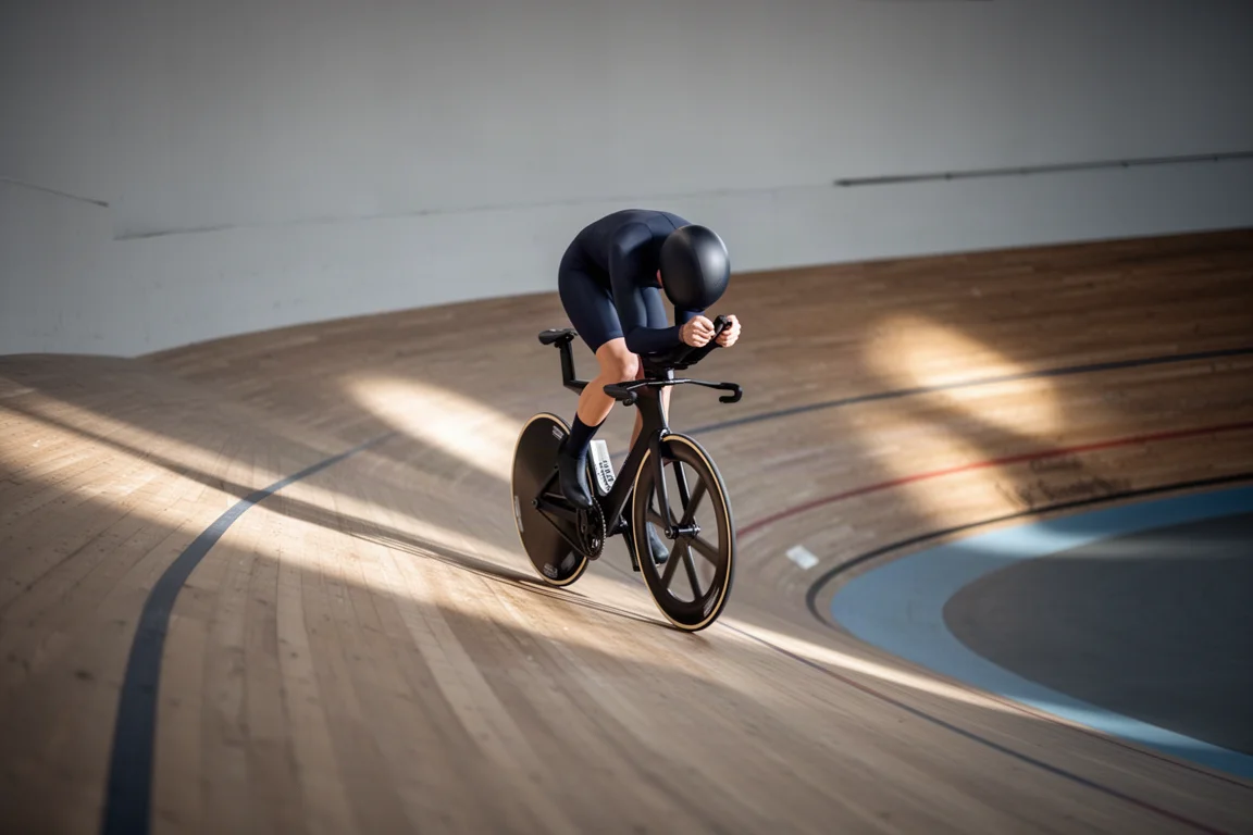 Cyclist in a dark skinsuit riding a time trial bike on the banked boards of an indoor velodrome